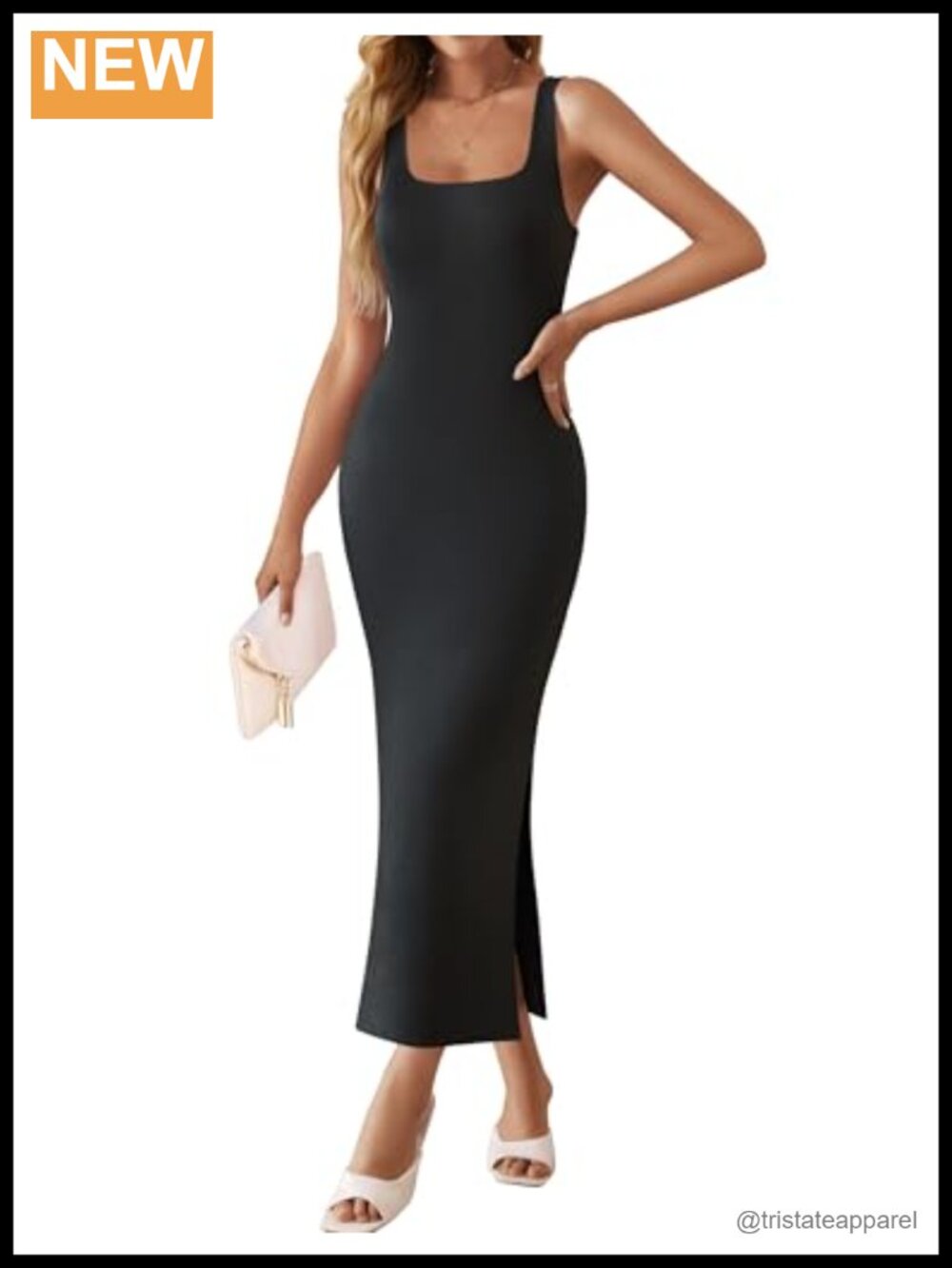 Sleeveless Square Neck Knit Bodycon Dress with Side Slit